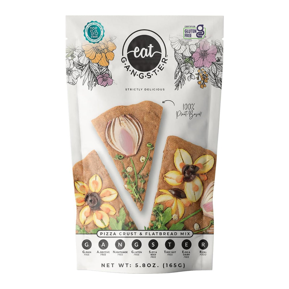 eat G.A.N.G.S.T.E.R. vegan pizza crust packet on the counter for quick grain-free baking.