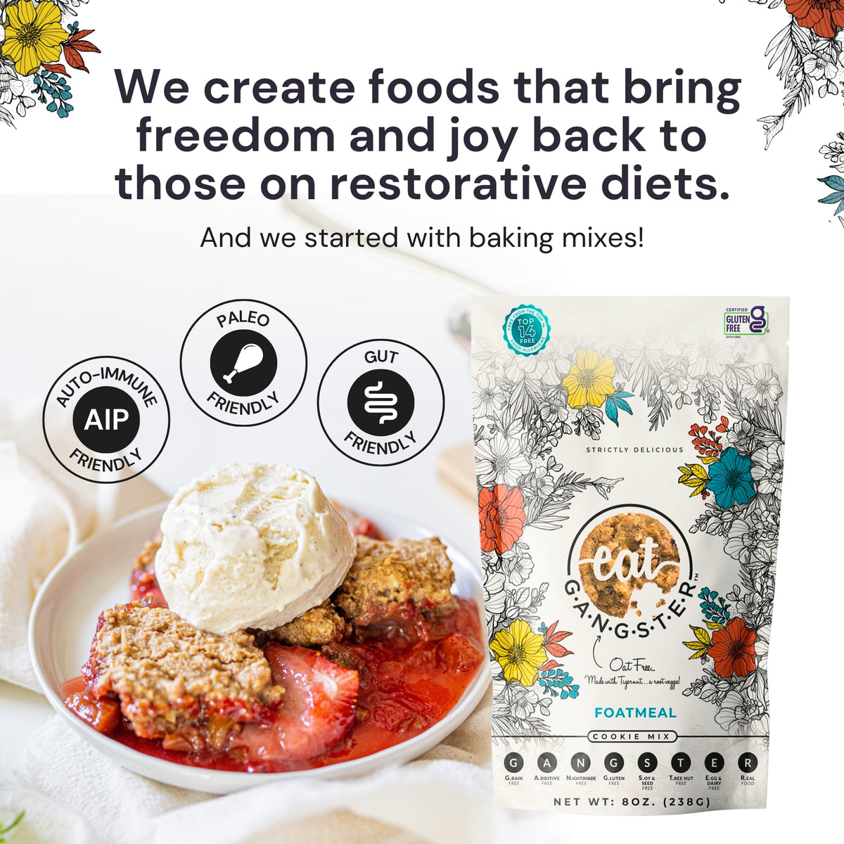 Eat G.A.N.G.S.T.E.R. Foatmeal Cookie Mix dough shot showcases versatile baking for cookies, crumbles, or bars.