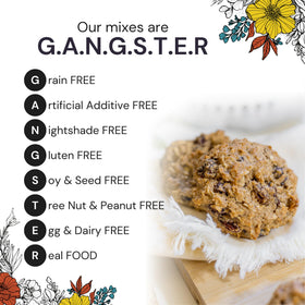 Eat G.A.N.G.S.T.E.R. Foatmeal Cookie Mix ingredients tray shows tigernut flour and cinnamon for allergy-friendly flavor.