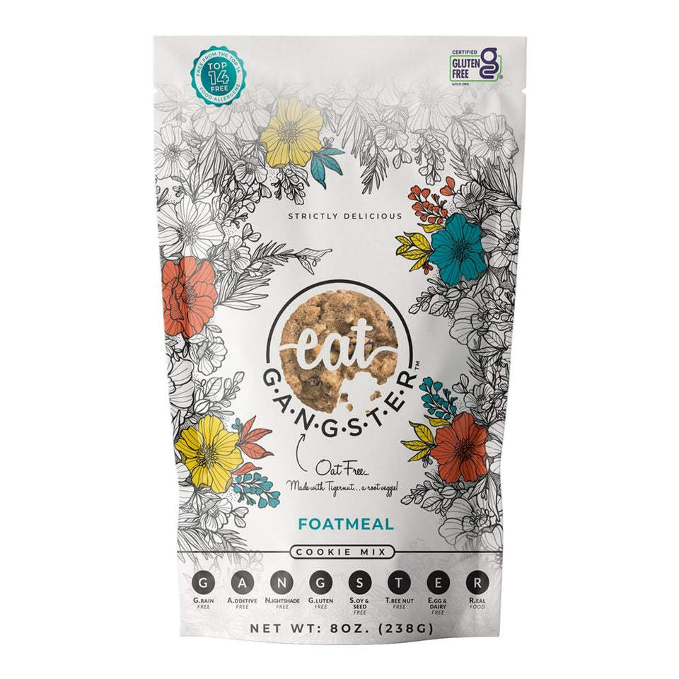 Eat G.A.N.G.S.T.E.R. Foatmeal Cookie Mix pack highlights grain-free, allergy-friendly baking option.