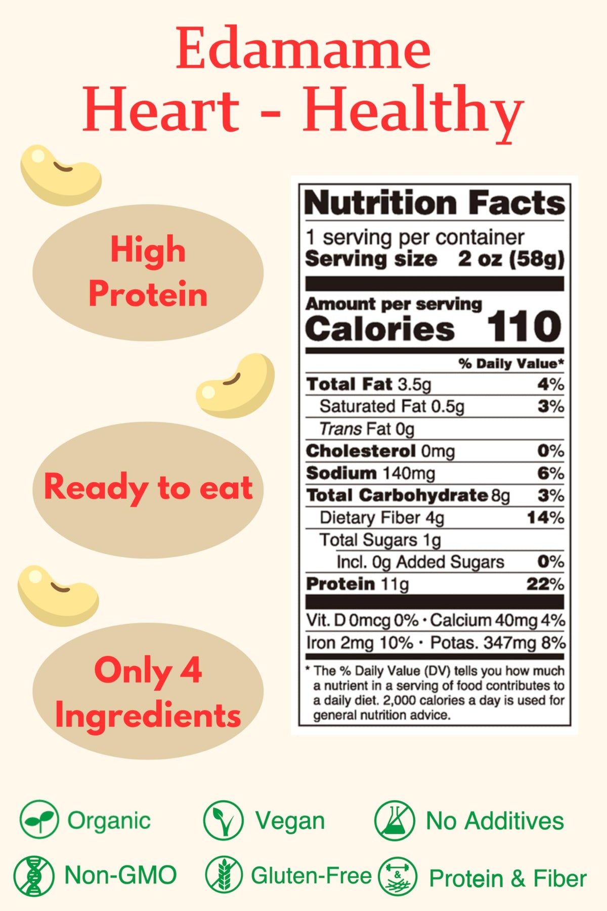 Eat More Beans Edamame organic-non-gmo label, gluten-free option.