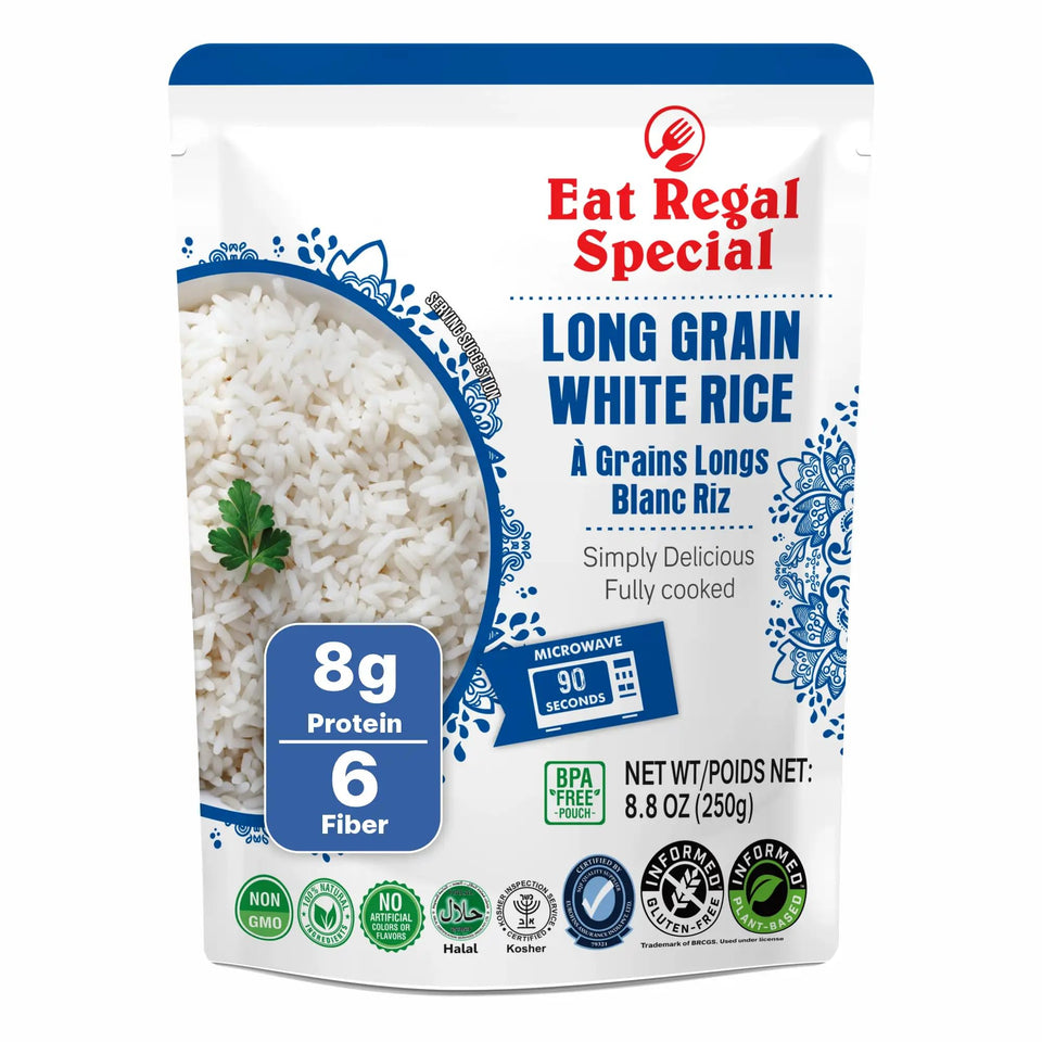Eat Regal long grain white rice pack, a convenient ready-to-use base for quick meals