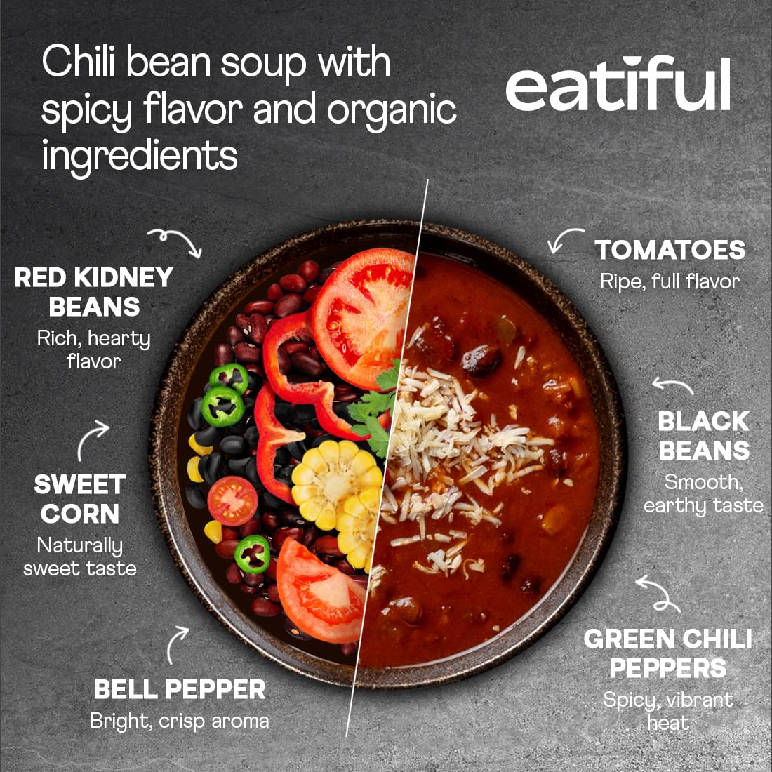 EATIFUL Chili Soup ingredients display featuring organic tomatoes, peppers, corn, beans, and quinoa.