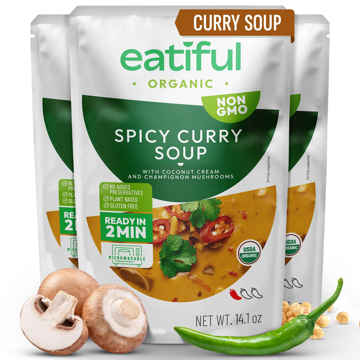 EATIFUL Curry Soup pack of 3 with organic ingredients for ready meals
