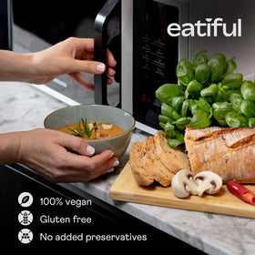 EATIFUL curry soup pouch details showing organic ingredients and gluten-free promise