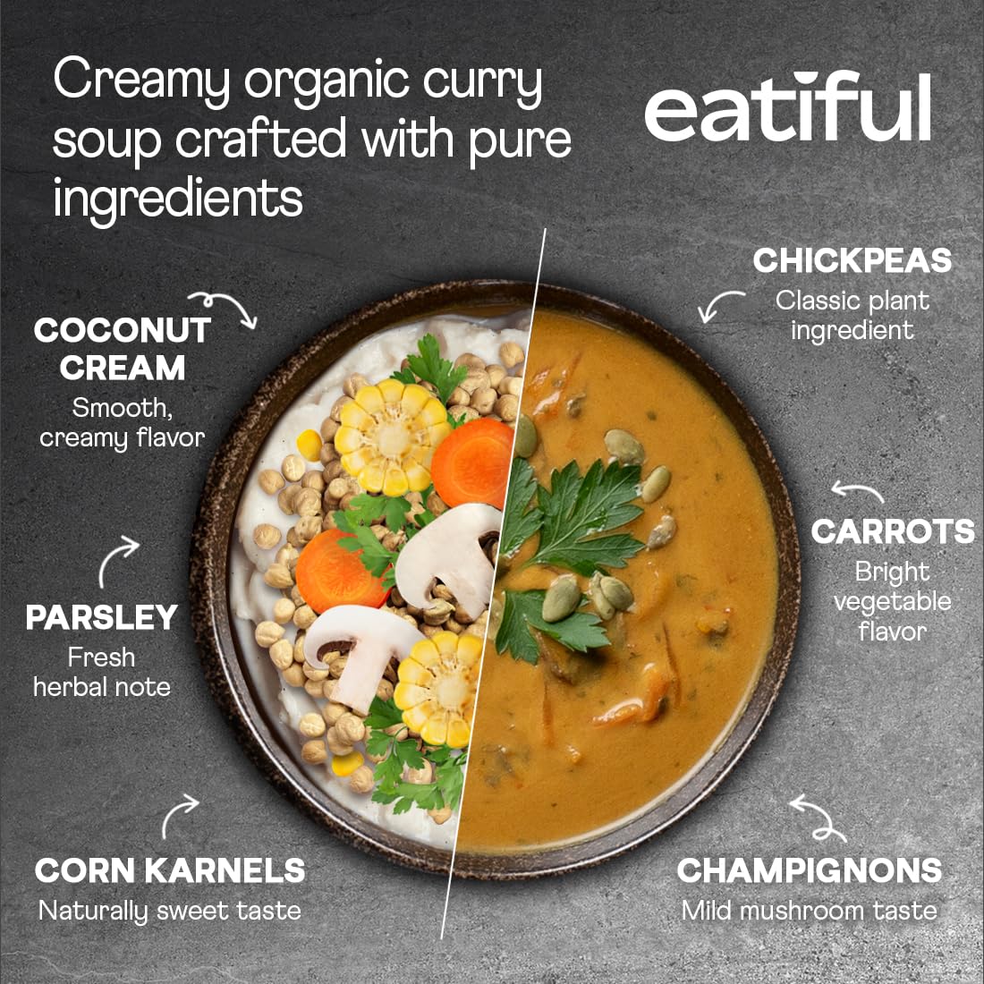 EATIFUL curry soup ready-to-heat in a pot for a quick meal