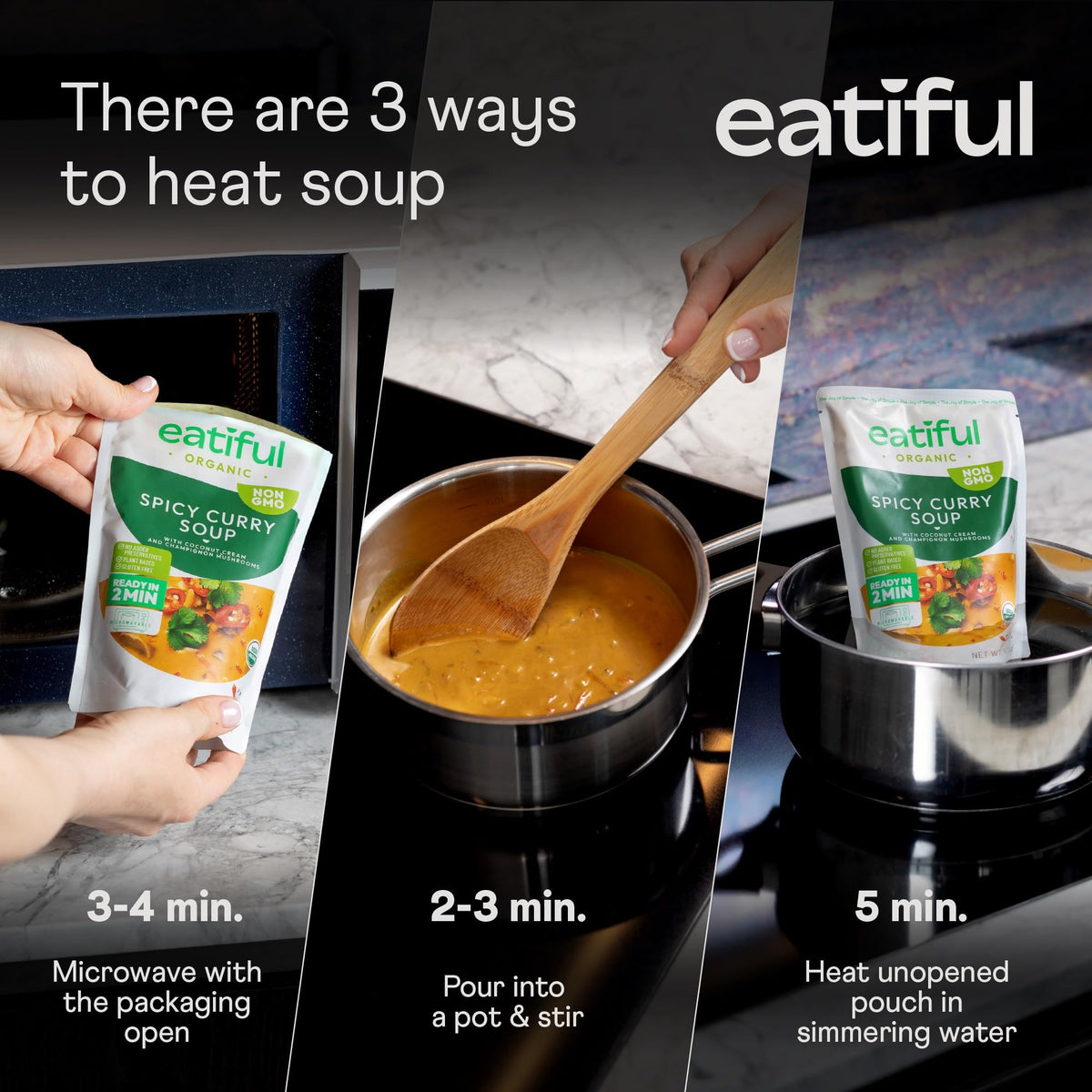 Serving bowl of EATIFUL curry soup with steam and aroma