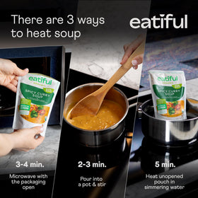 Serving bowl of EATIFUL curry soup with steam and aroma