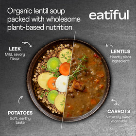 EATIFUL lentil soup shows carrots and potatoes, supporting wholesome meals.