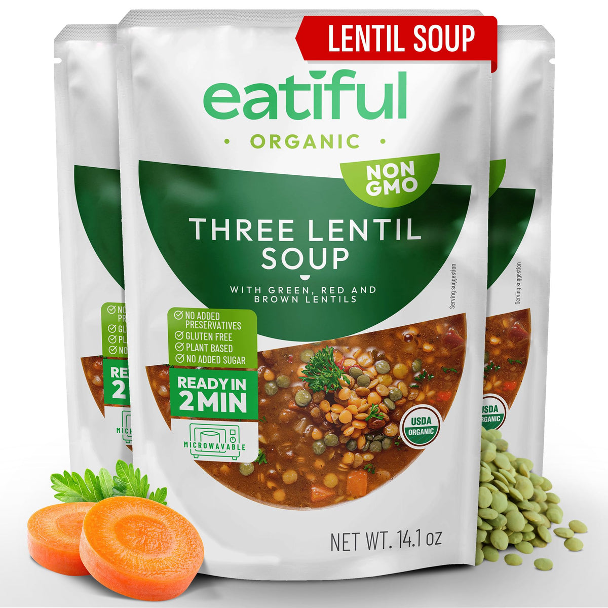 Eatiful lentil soup organic-vegetables-bowl: fiber-rich comfort in every serving.