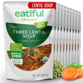 EATIFUL Lentil Soup with organic vegetables in a bowl, ready for a quick, nourishing lunch.