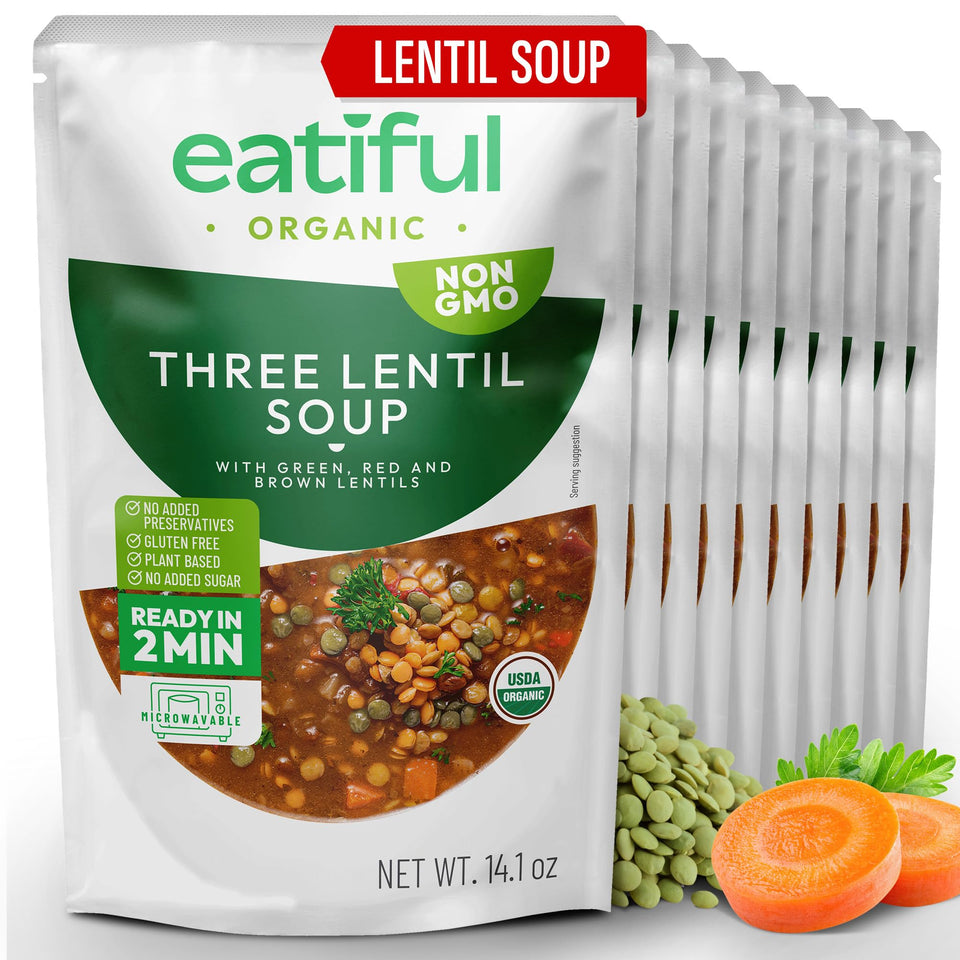 EATIFUL Lentil Soup with organic vegetables in a bowl, ready for a quick, nourishing lunch.