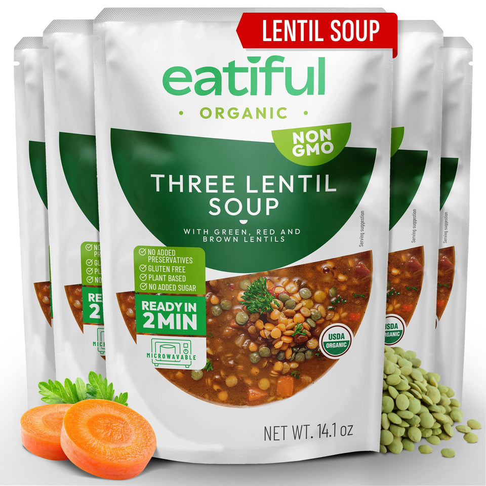 EATIFUL lentil soup pack shot showing organic vegetables and lentils for a wholesome meal.