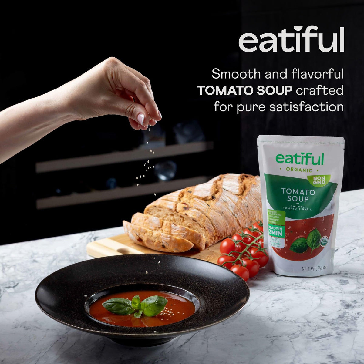 Eatiful Tomato Soup bowl served warm with crusty bread for cozy lunches.