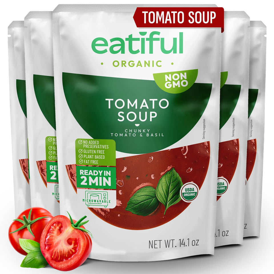 Eatiful Organic Tomato Soup front view, ready-to-serve vegan comfort for busy days.