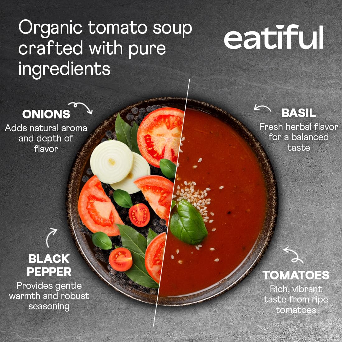 Eatiful Tomato Soup ingredients highlight organic produce for a clean, flavorful bowl.