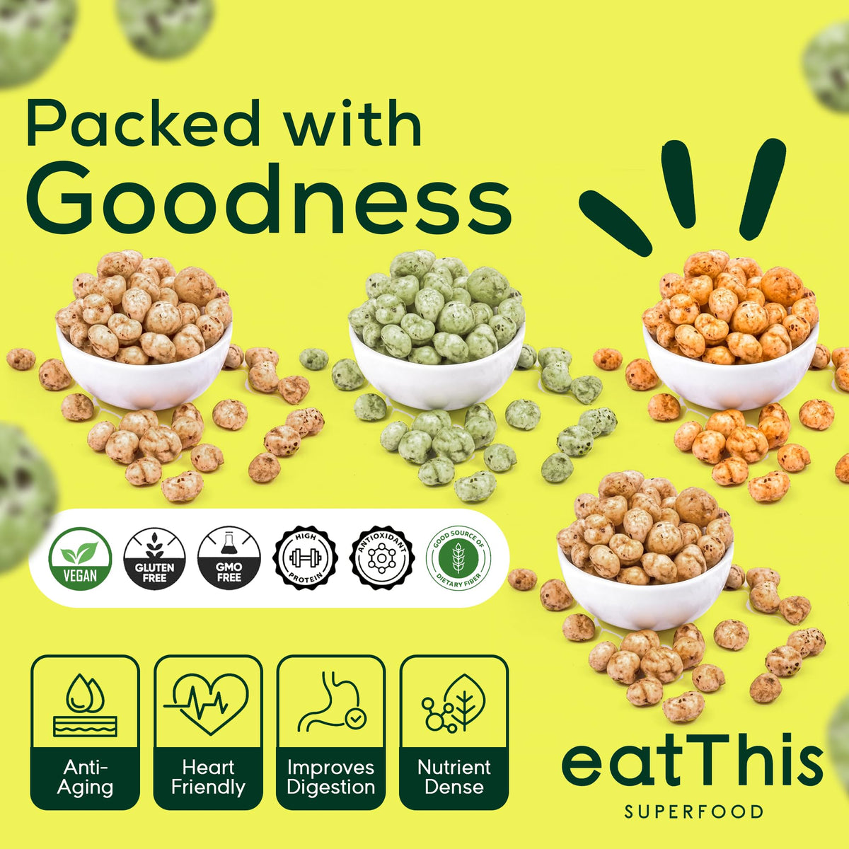 EatThis Superfood roasted foxnuts packaging showcases a gluten-free snack option.