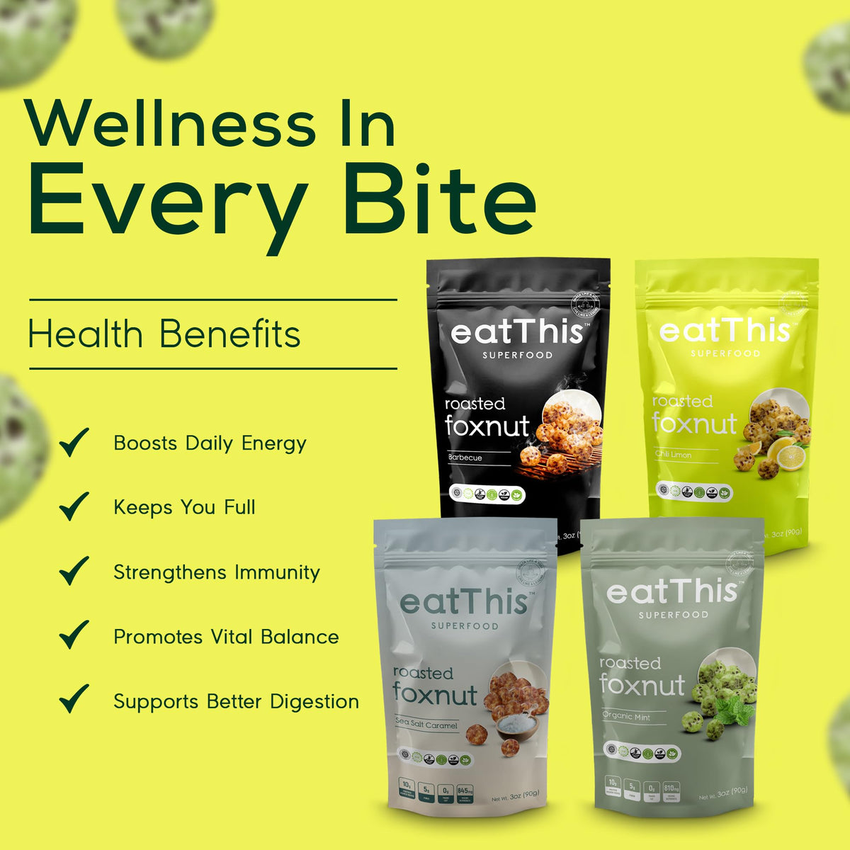 EatThis Superfood variety-pack display shows four flavors for versatile snacking.