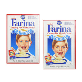 ebaney Farina Mills Fortified Cereal packaging highlights iron fortification and kosher status for daily nutrition.