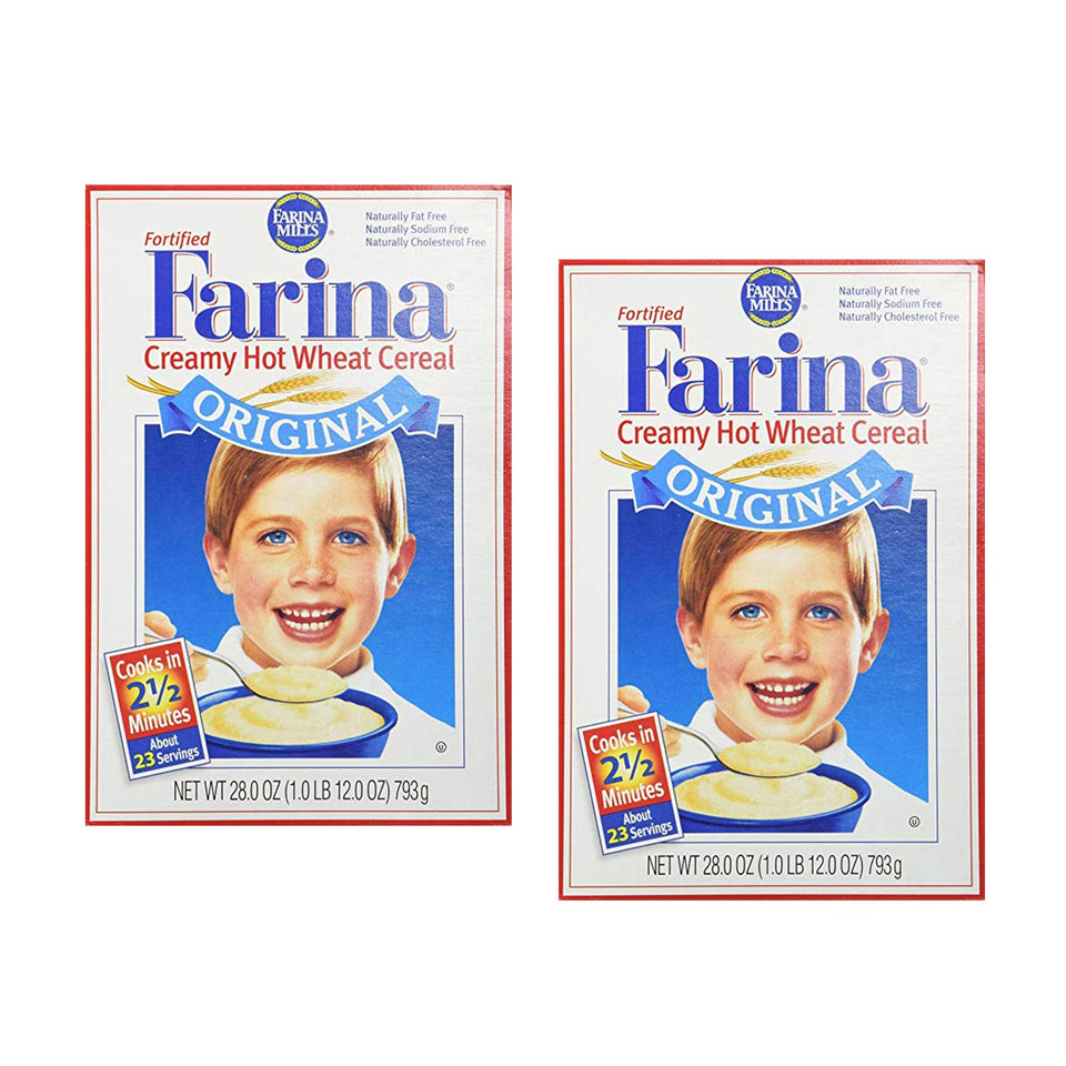 ebaney Farina Mills Fortified Cereal packaging highlights iron fortification and kosher status for daily nutrition.