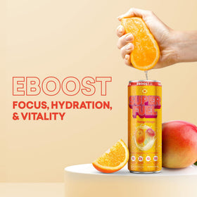 EBOOST orange mango can in a cold setup for refreshing energy.