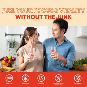 EBOOST orange mango can beside a glass on a clean desk for quick energy.