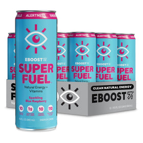 EBOOST Super Fuel blue raspberry can on desk for focused energy.