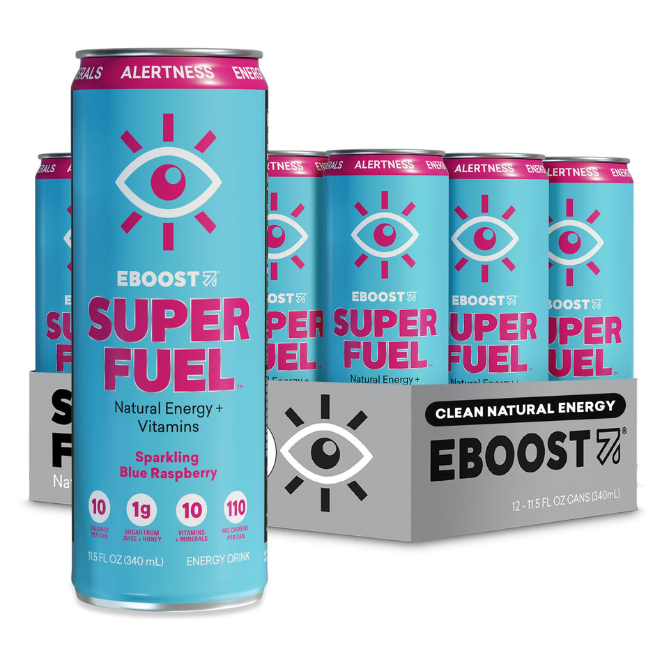 EBOOST Super Fuel blue raspberry can on desk for focused energy.