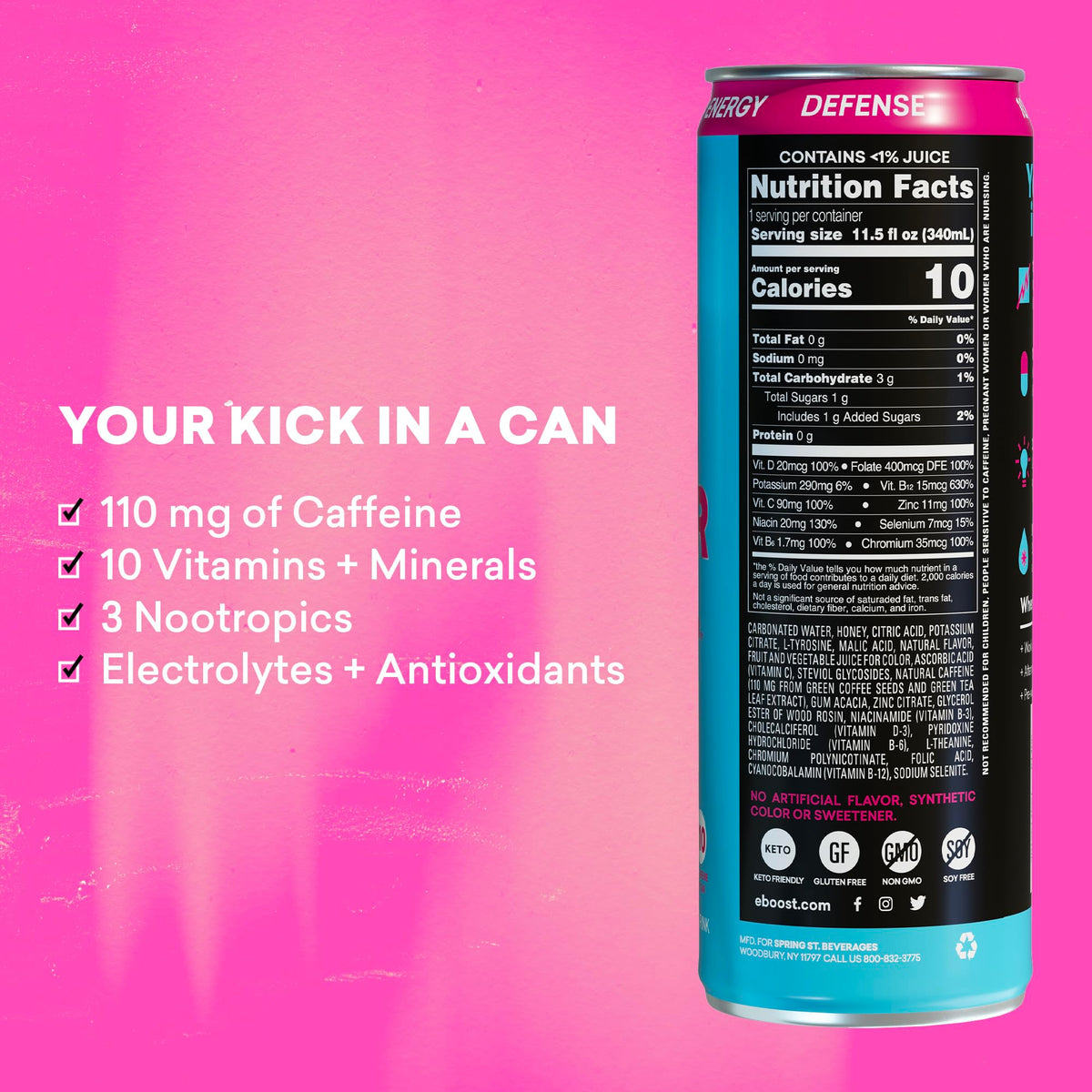 Close-up of EBOOST label showing vitamins and electrolytes.