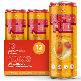 EBOOST Super Fuel orange mango can on desk for focused energy.