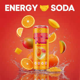 EBOOST Super Fuel orange mango label close-up highlighting caffeine and vitamins.