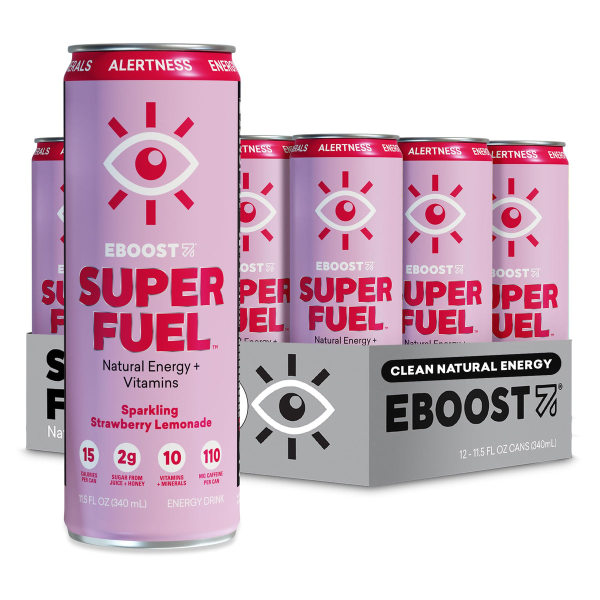 EBOOST Super Fuel Strawberry Lemonade can front view for refreshing energy boost