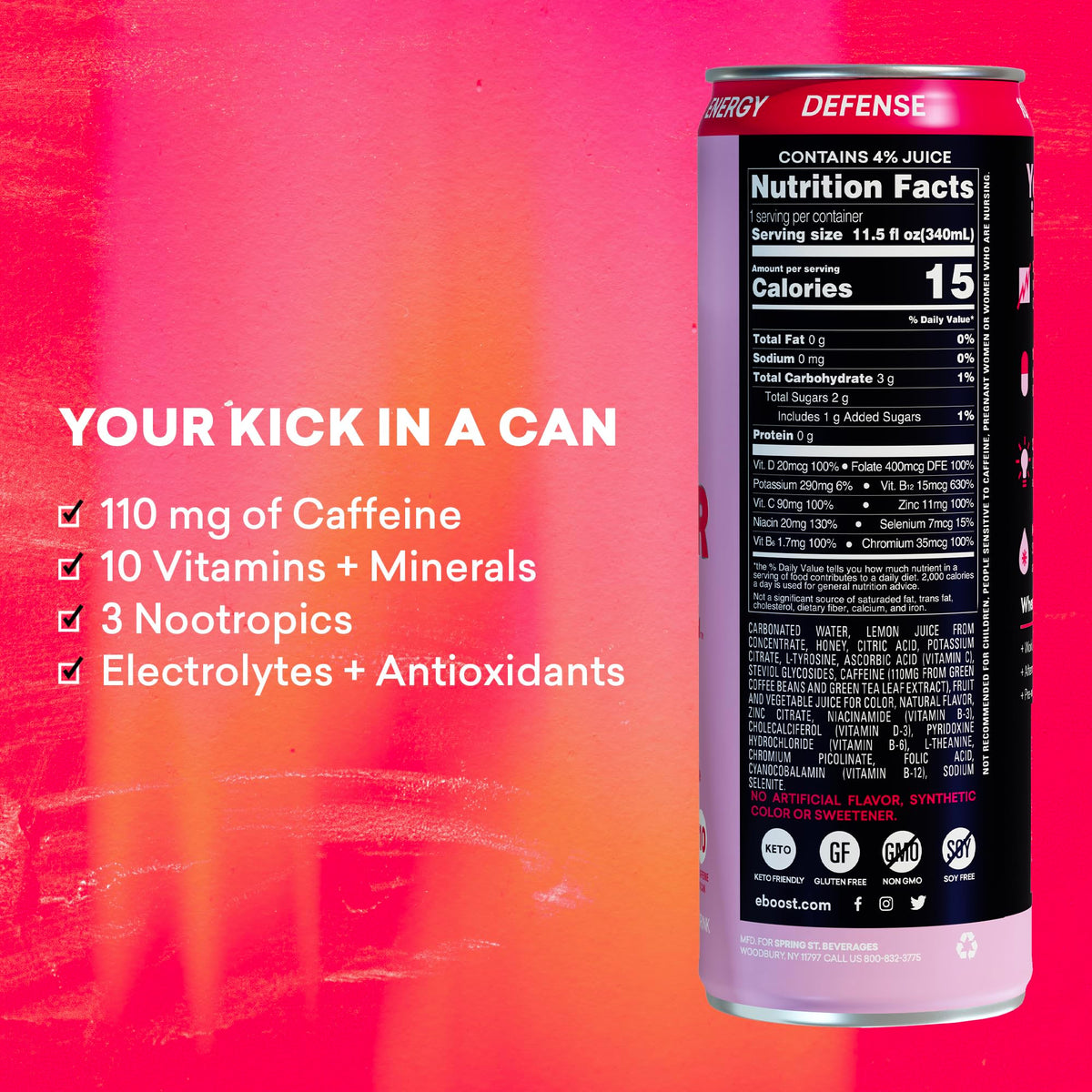 Close-up of the EBOOST label with 110 mg caffeine and vitamins