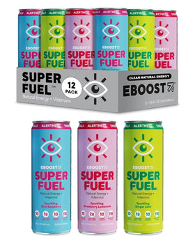 EBOOST Super Fuel variety-pack cans on display offer clean energy and focus.