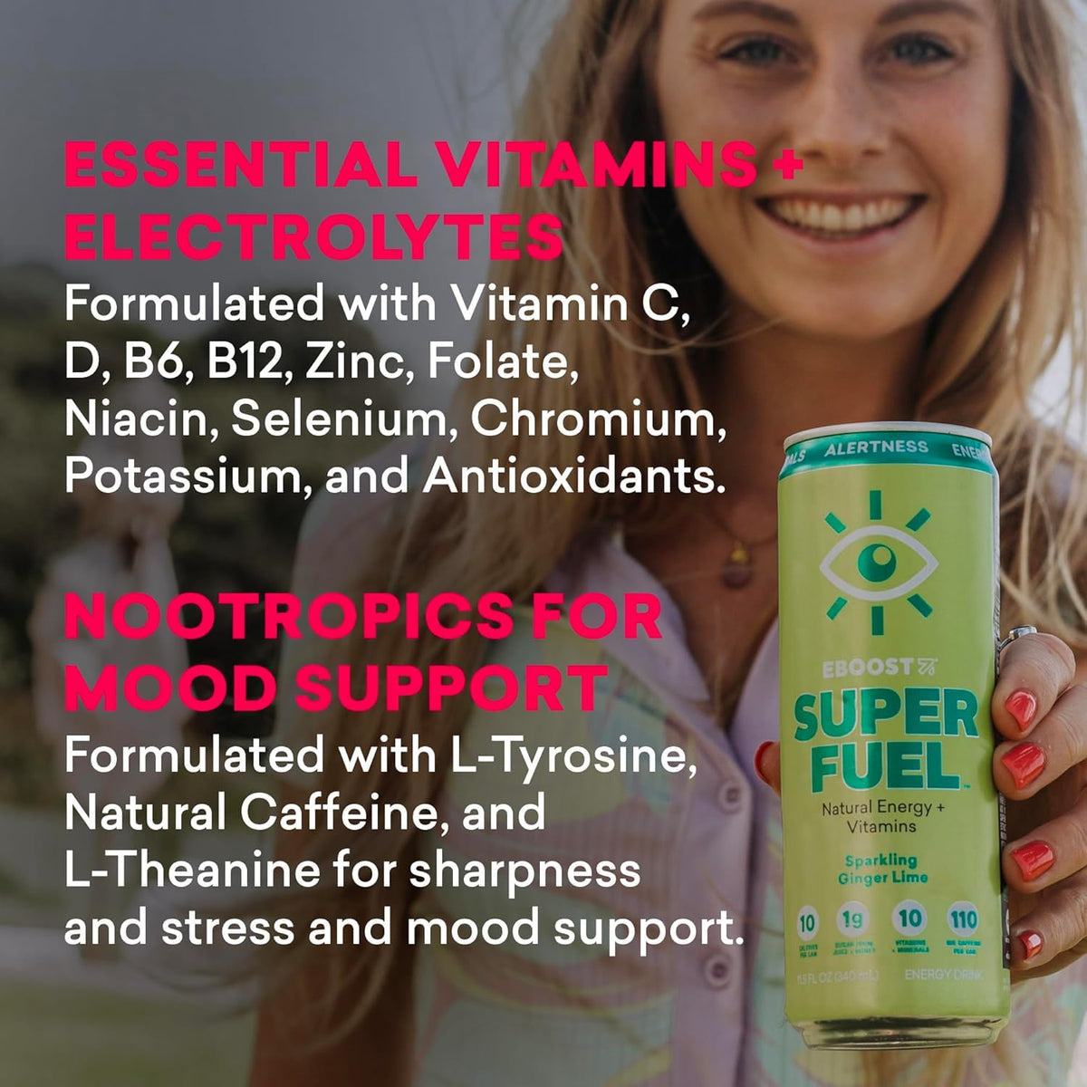 EBOOST Super Fuel vitamin-electrolyte can highlights essential nutrients for quick energy.