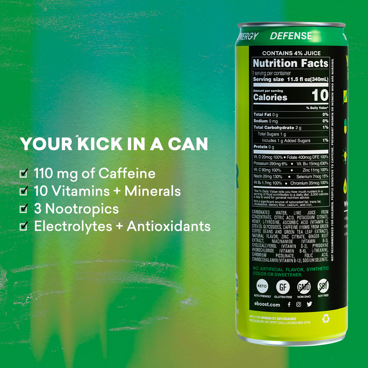 EBOOST Ginger Lime 12-pack display for on-the-go energy and focus