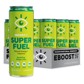 EBOOST Super Fuel can close-up highlighting crisp ginger-lime flavor and energy lift