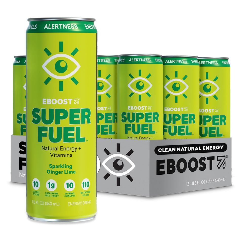 EBOOST Super Fuel can close-up highlighting crisp ginger-lime flavor and energy lift