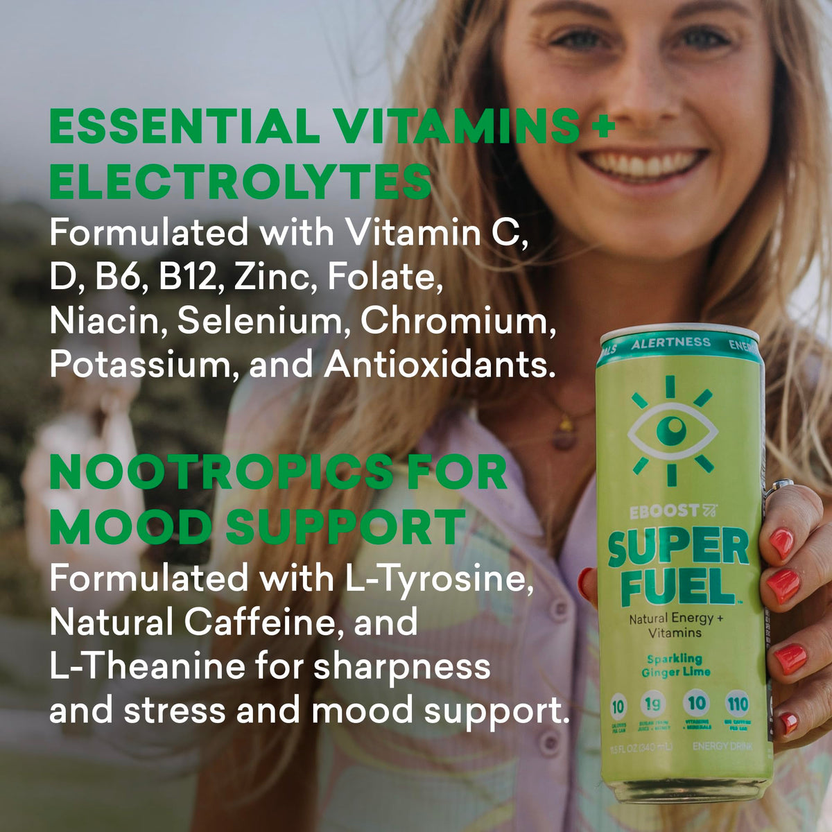 EBOOST Ginger Lime label highlighting clean ingredients with no artificial flavors or sweeteners
