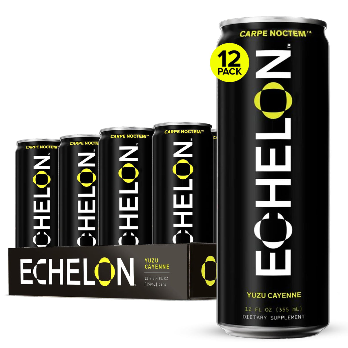 Echelon Yuzu Cayenne can front view showing bold branding for energized workouts.