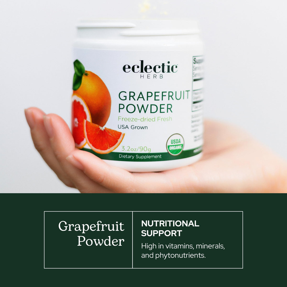 Eclectic Institute grapefruit powder dissolving in water for convenient hydration.