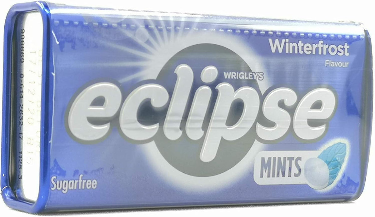 Eclipse Winterfrost Mint tin side angle showing compact travel-friendly packaging.