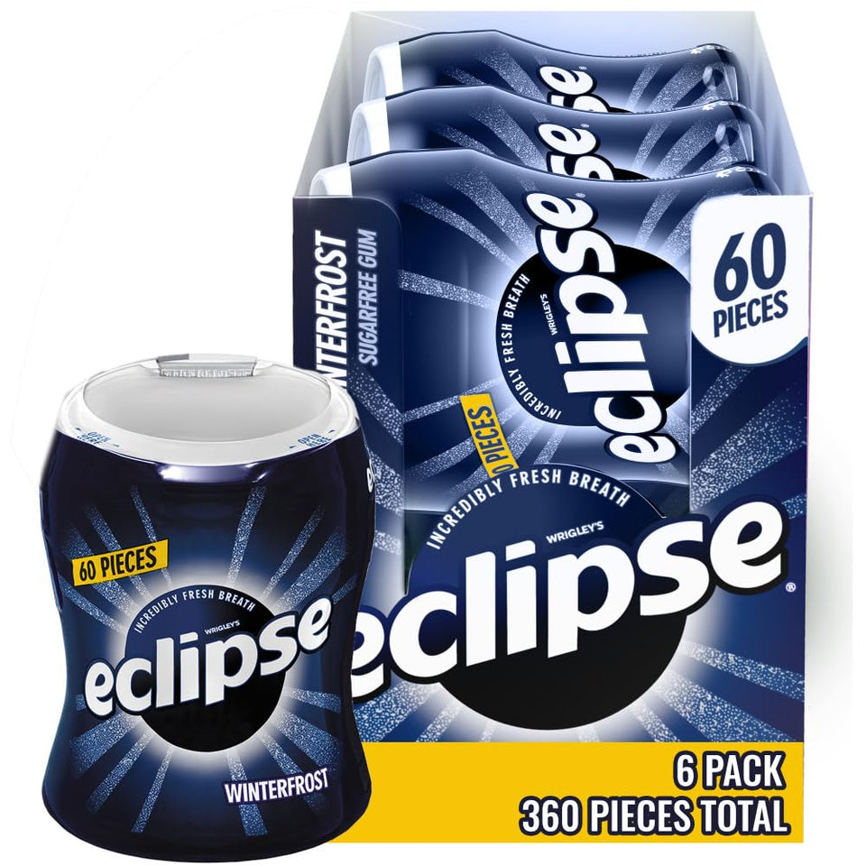 Eclipse Winterfrost gum six-bottle bulk pack ready for on-the-go breath refresh.