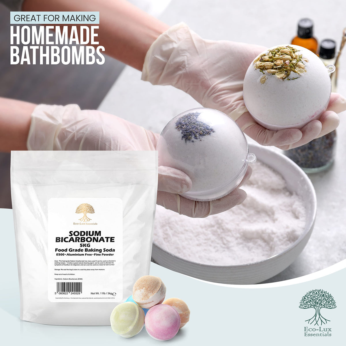 Eco-Lux Essentials baking soda packaging designed for long-lasting value.