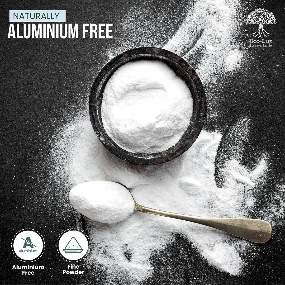 Eco-Lux Essentials bicarbonate powder for cleaning tasks that brighten surfaces.