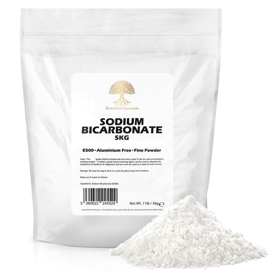 Eco-Lux Essentials pure baking soda in an 11 lb jar for cooking and cleaning.
