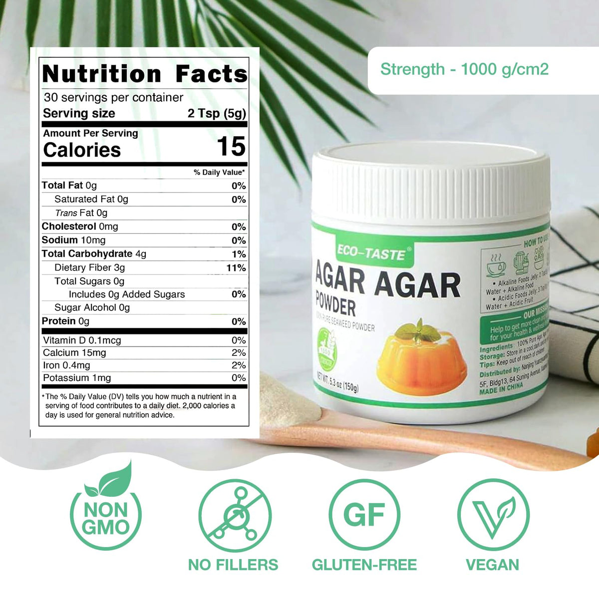 ECO-TASTE nutrition label highlights calcium, iron, and fiber content.