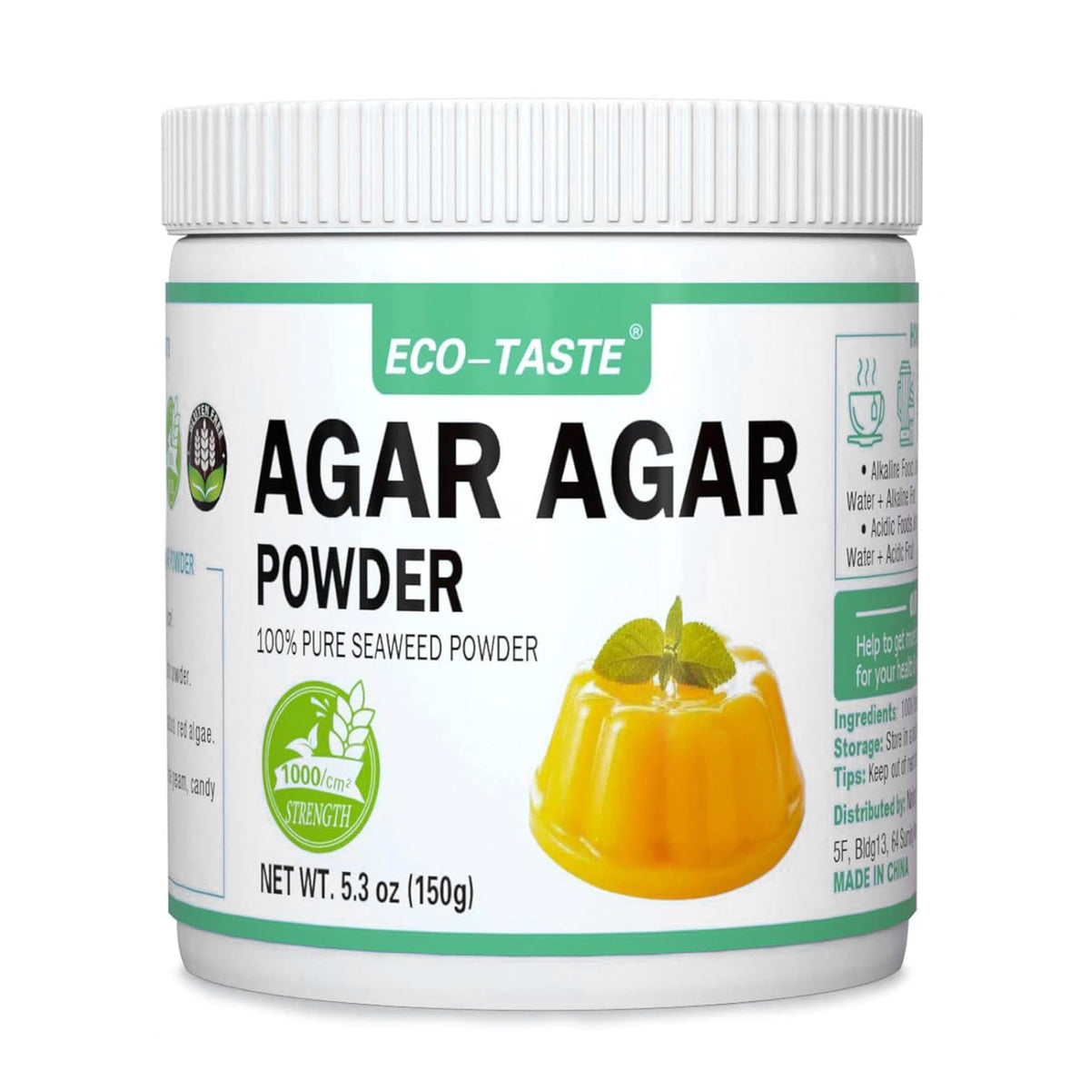 ECO-TASTE agar agar powder packaging shown, ideal vegan dessert stabilizer.