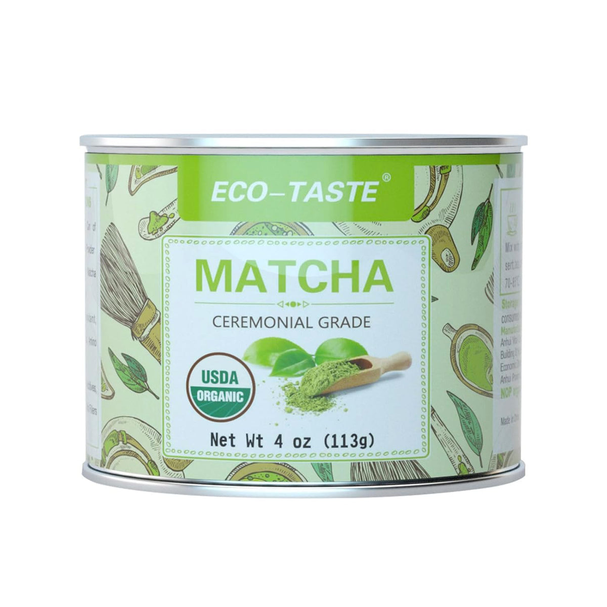 ECO-TASTE ceremonial grade matcha tin front for authentic tea rituals