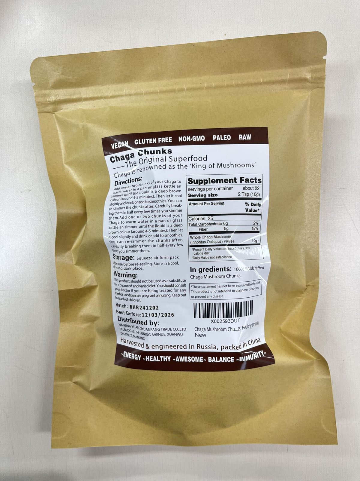 ECO-TASTE chaga chunks in double-bags packaging to preserve freshness.